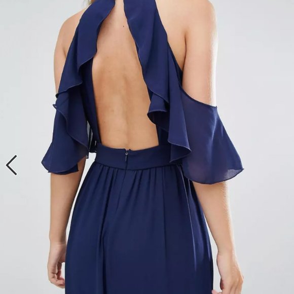 TFNC Size 6 Navy High Neck Maxi Dress with Frills - Picture 4 of 6